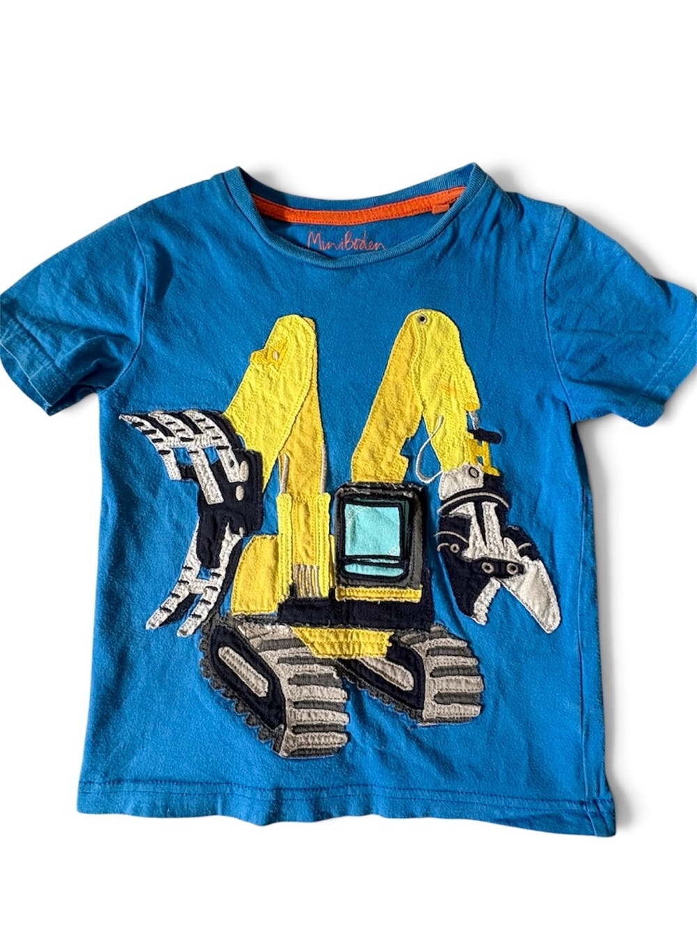 Mini Boden Blue T-Shirt with Yellow Excavator Appliqué